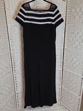 Adrianna Papell Black and White Striped Wide-Leg Jumpsuit
